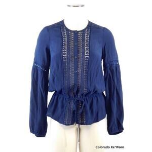 Hale Bob Blue Crochet Lace Tie Waist Boho Peplum BTop Shirt Womens Sz XS